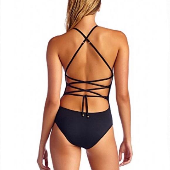 Vitamin A Perforated Black Lace Up Back One Piece Swimsuit S - Picture 2 of 9